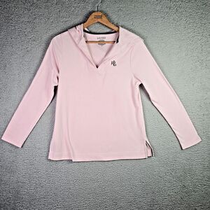 Lauren Ralph Lauren Pink Hoodie Polo M Lightweight V Neck Logo Stretch Soft